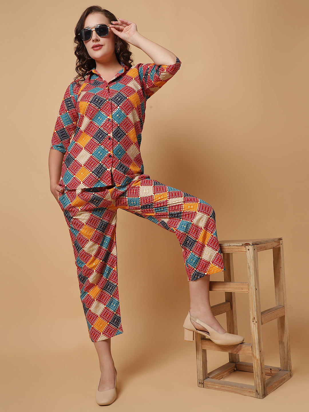Women Red Printed Shirt Co-Ords