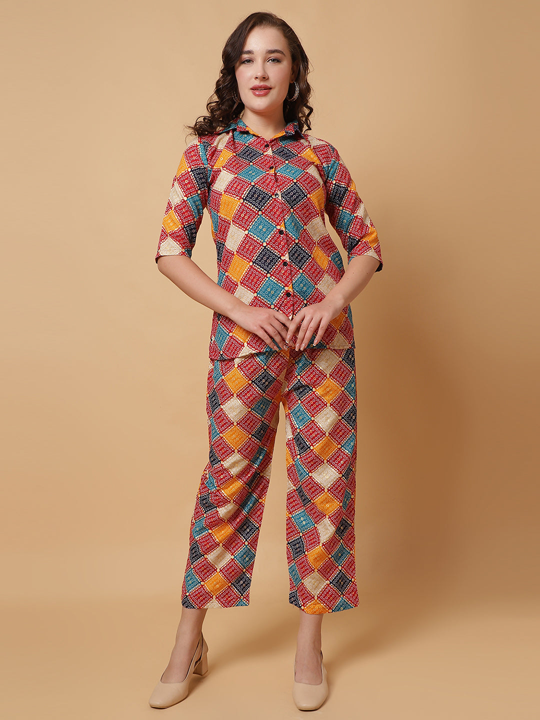 Women Red Printed Shirt Co-Ords