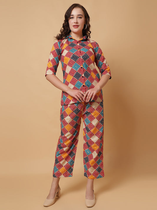 Women Red Printed Shirt Co-Ords