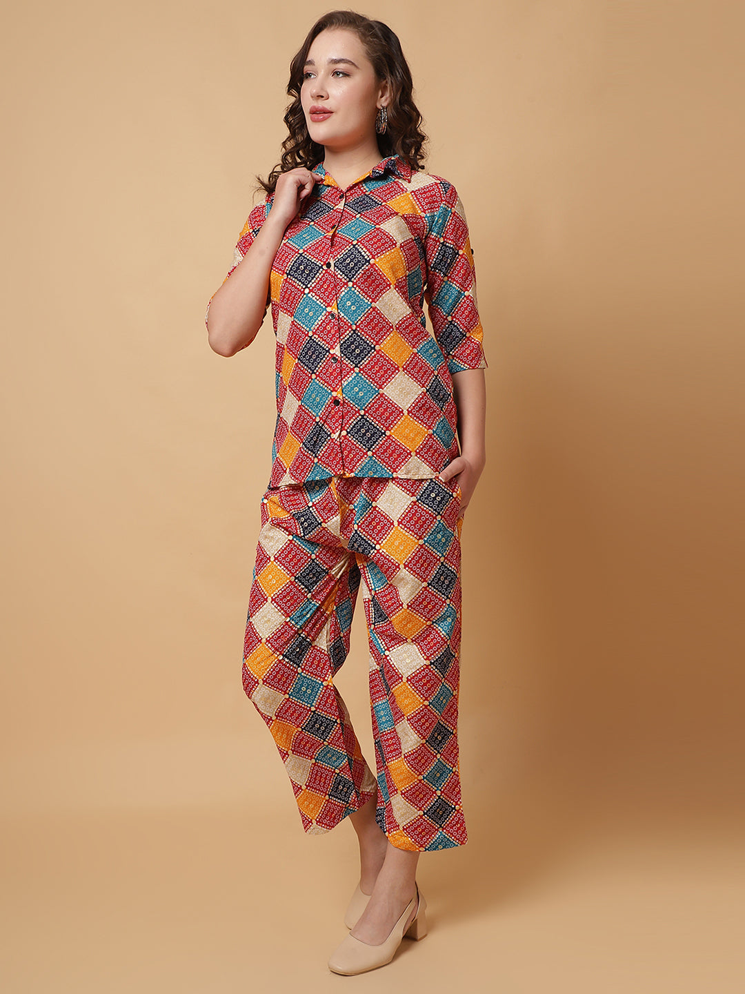 Women Red Printed Shirt Co-Ords