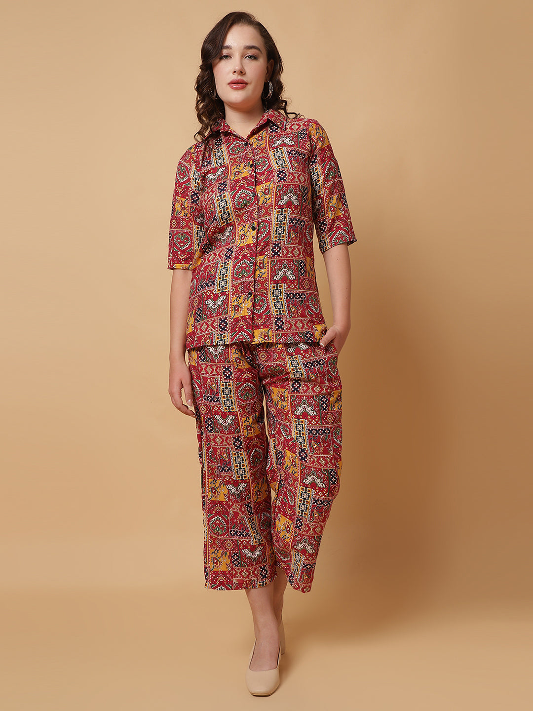 Women Maroon Printed Shirt Co-Ords