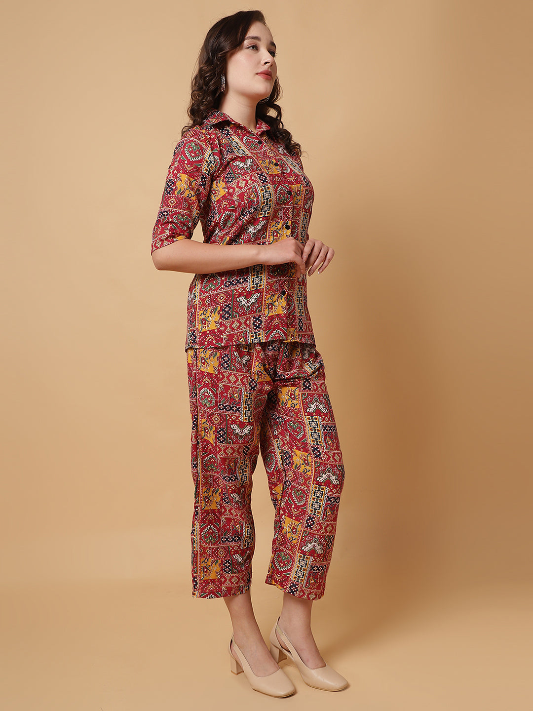 Women Maroon Printed Shirt Co-Ords