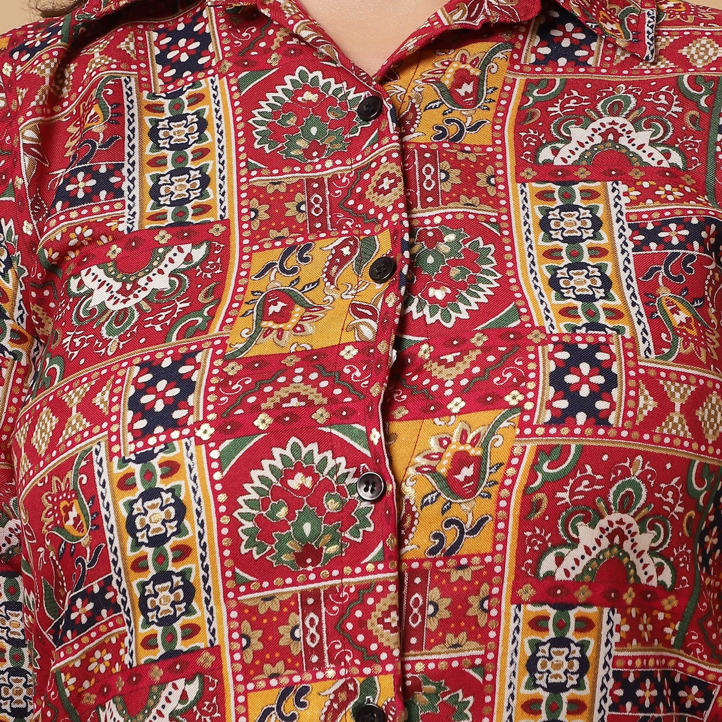 Women Maroon Printed Shirt Co-Ords