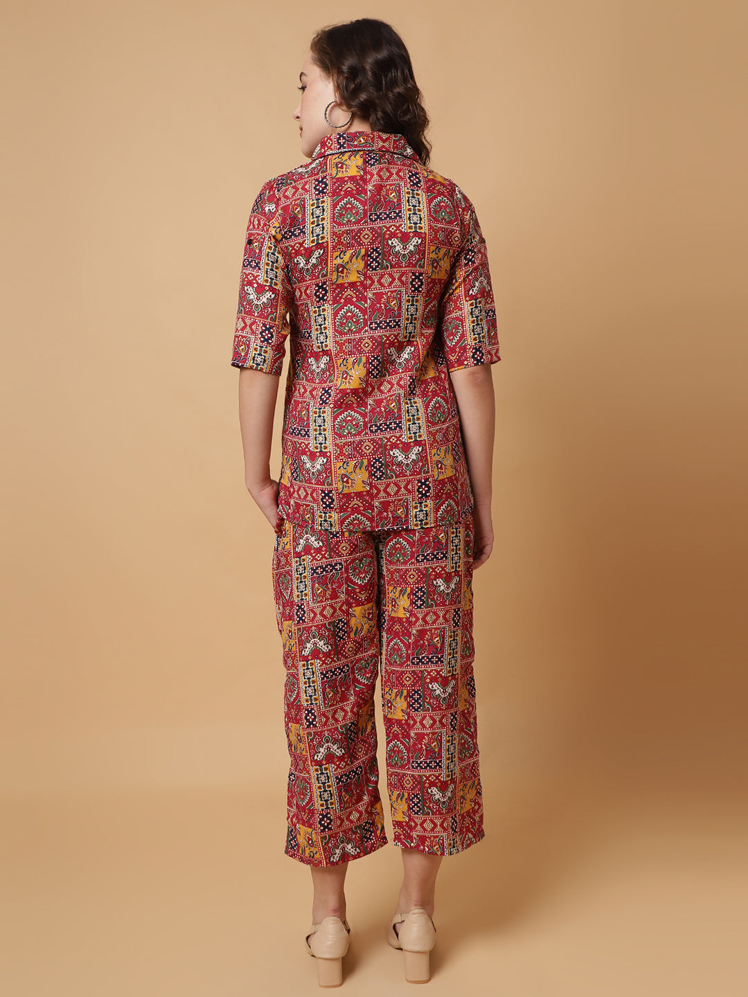 Women Maroon Printed Shirt Co-Ords