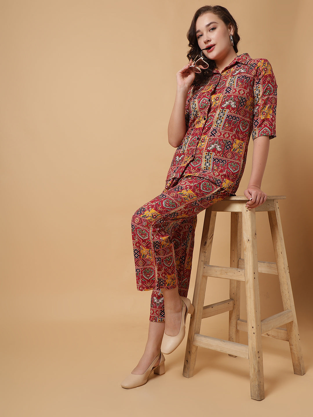 Women Maroon Printed Shirt Co-Ords