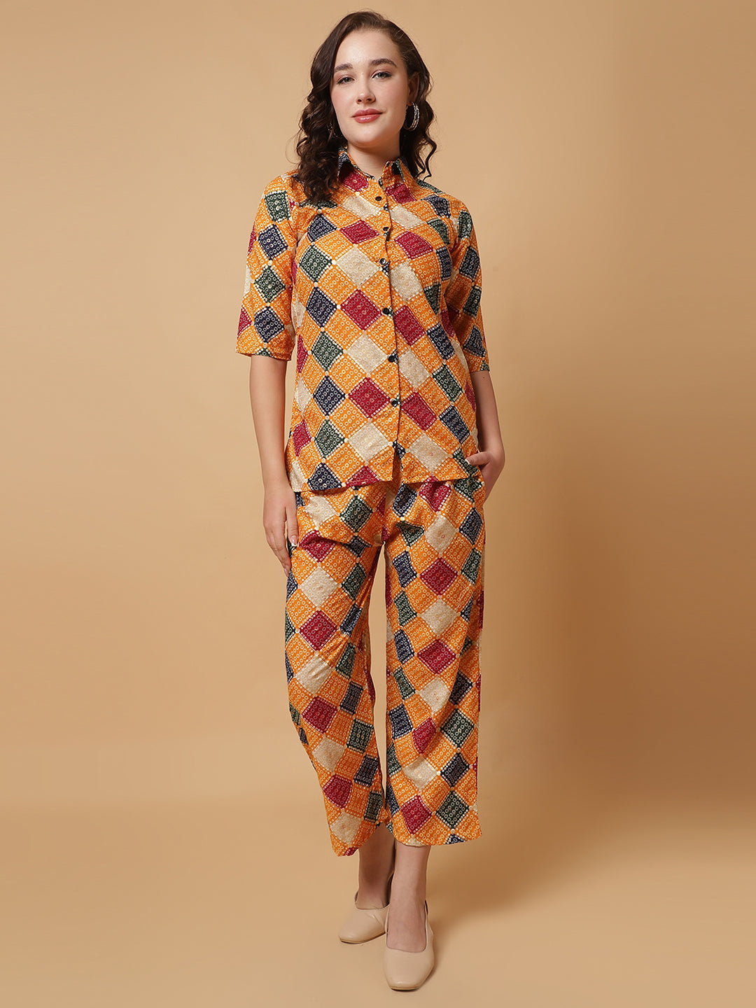 Women Yellow Printed Shirt Co-Ords.