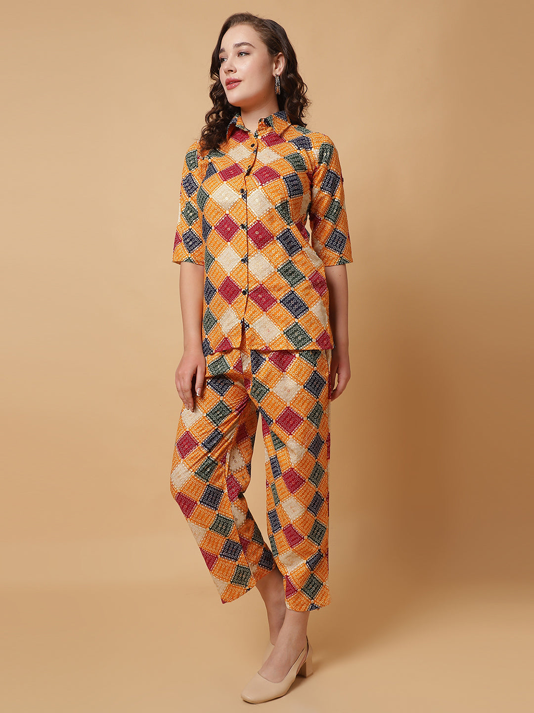 Women Yellow Printed Shirt Co-Ords.
