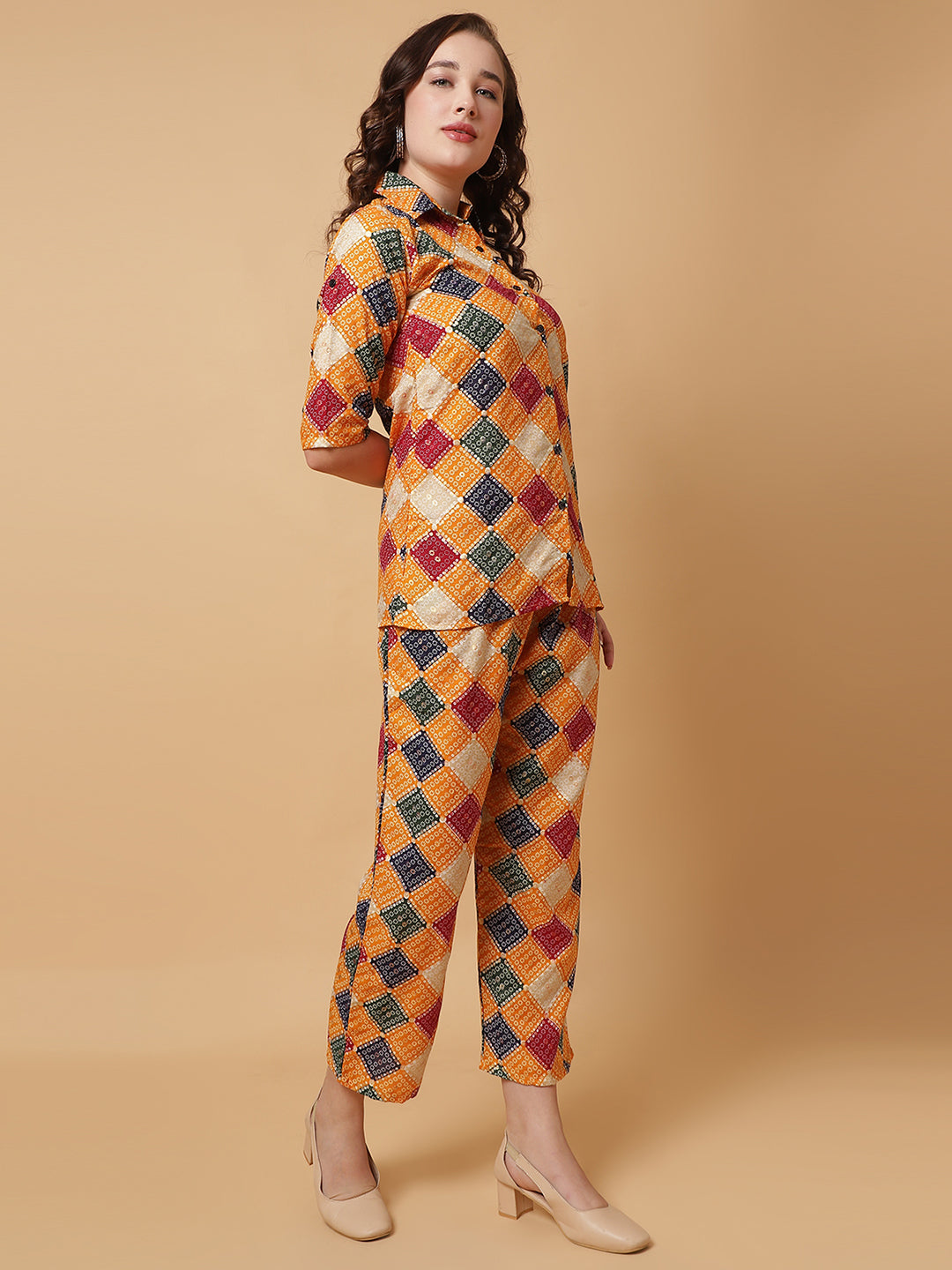 Women Yellow Printed Shirt Co-Ords.