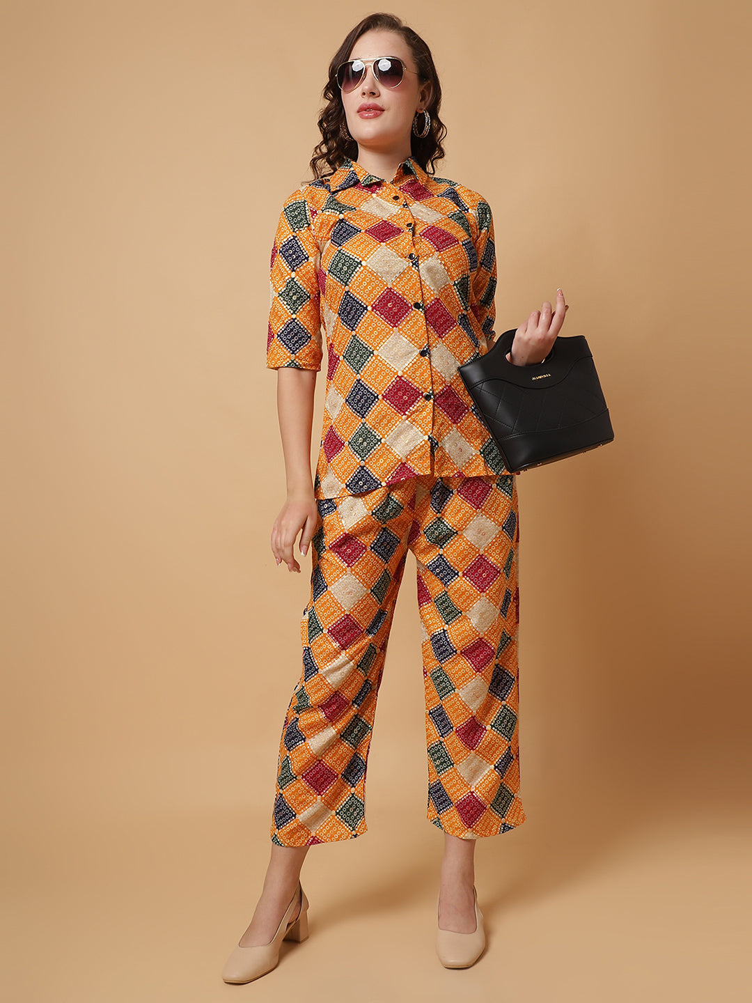 Women Yellow Printed Shirt Co-Ords.