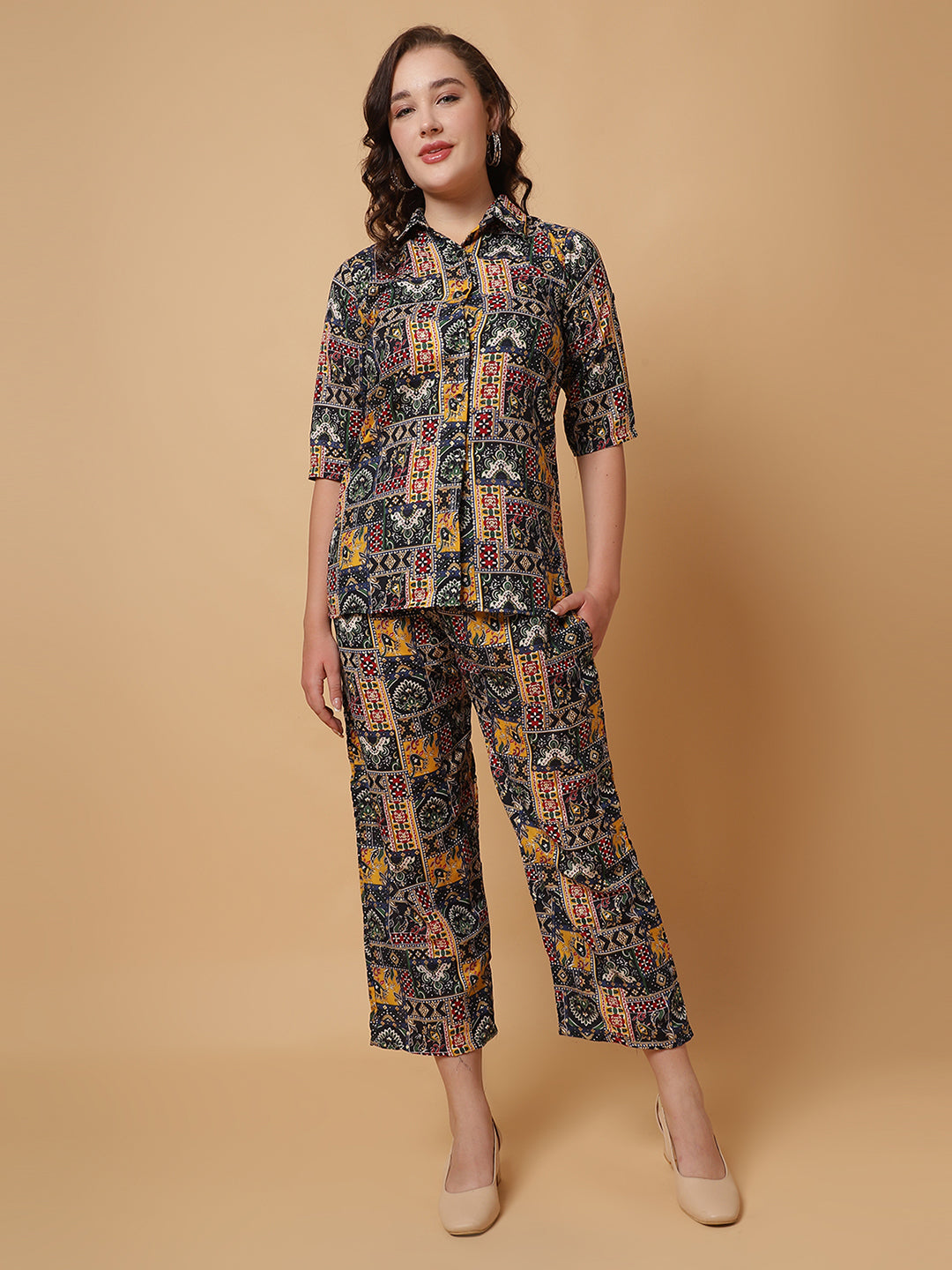 Women Navy Blue Printed Shirt Co-Ords.