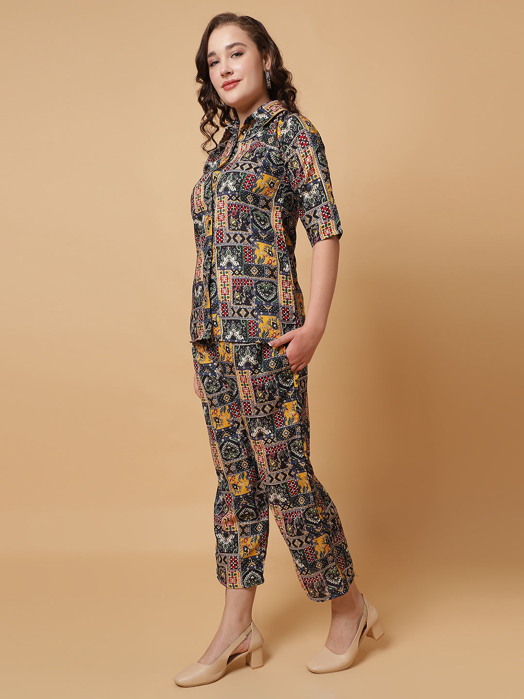 Women Navy Blue Printed Shirt Co-Ords.