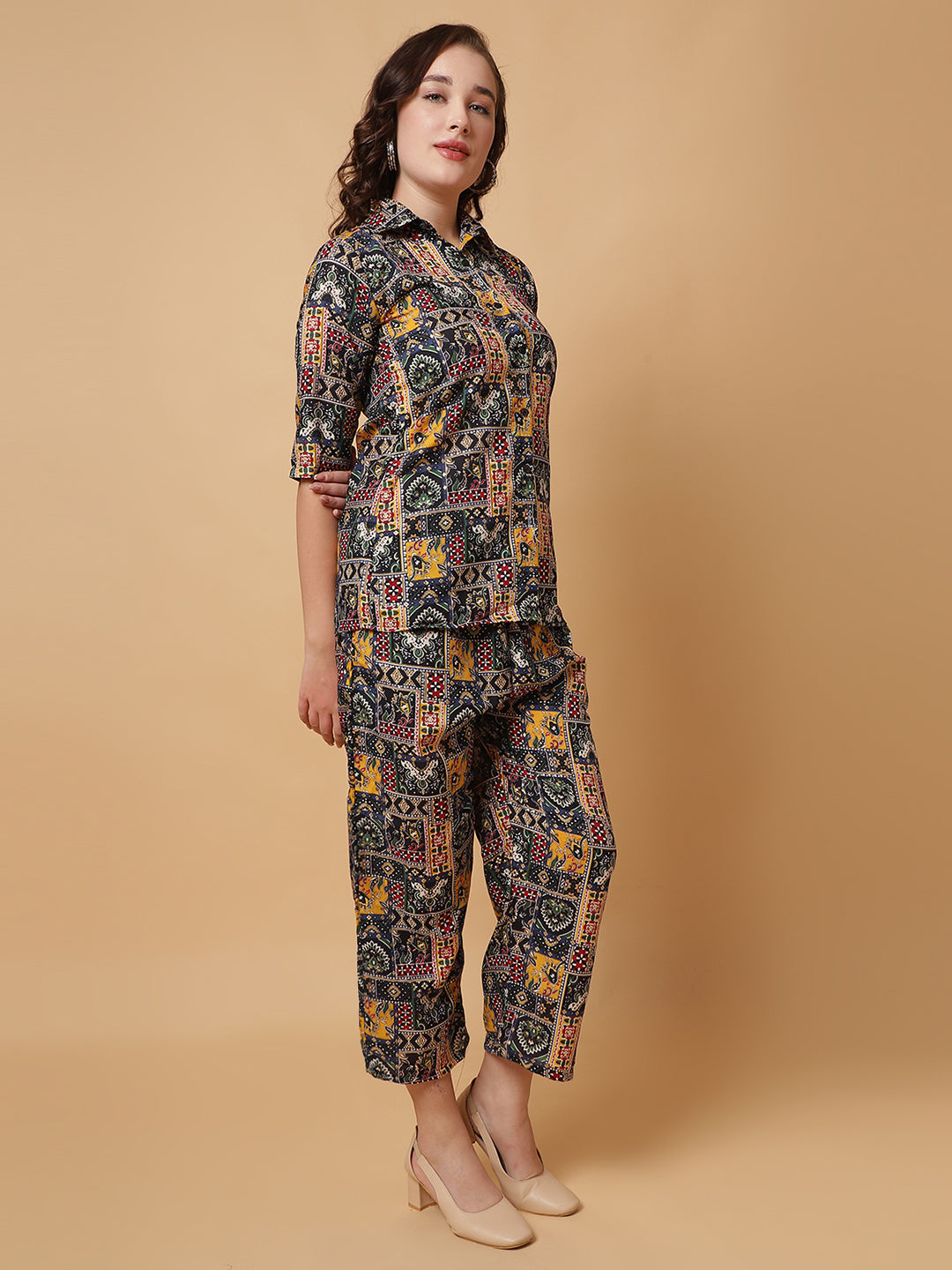 Women Navy Blue Printed Shirt Co-Ords.