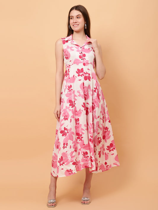 Women Floral Printed Pink Dress