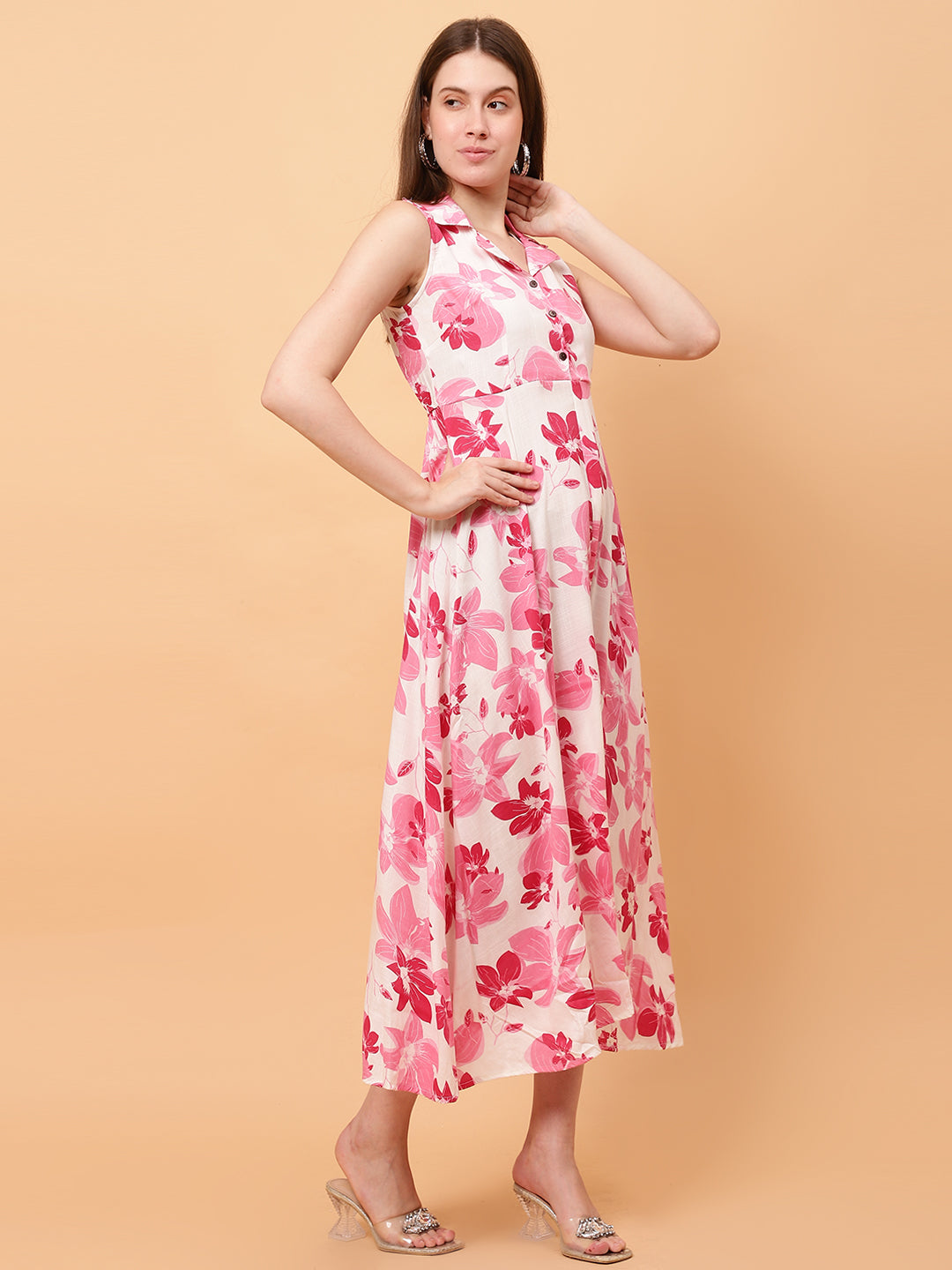 Women Floral Printed Pink Dress