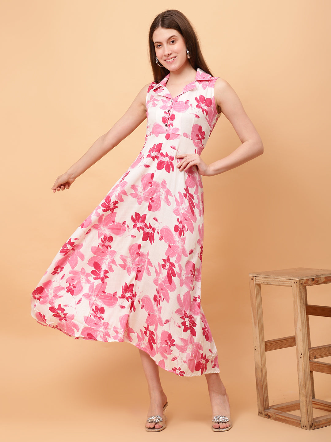 Women Floral Printed Pink Dress