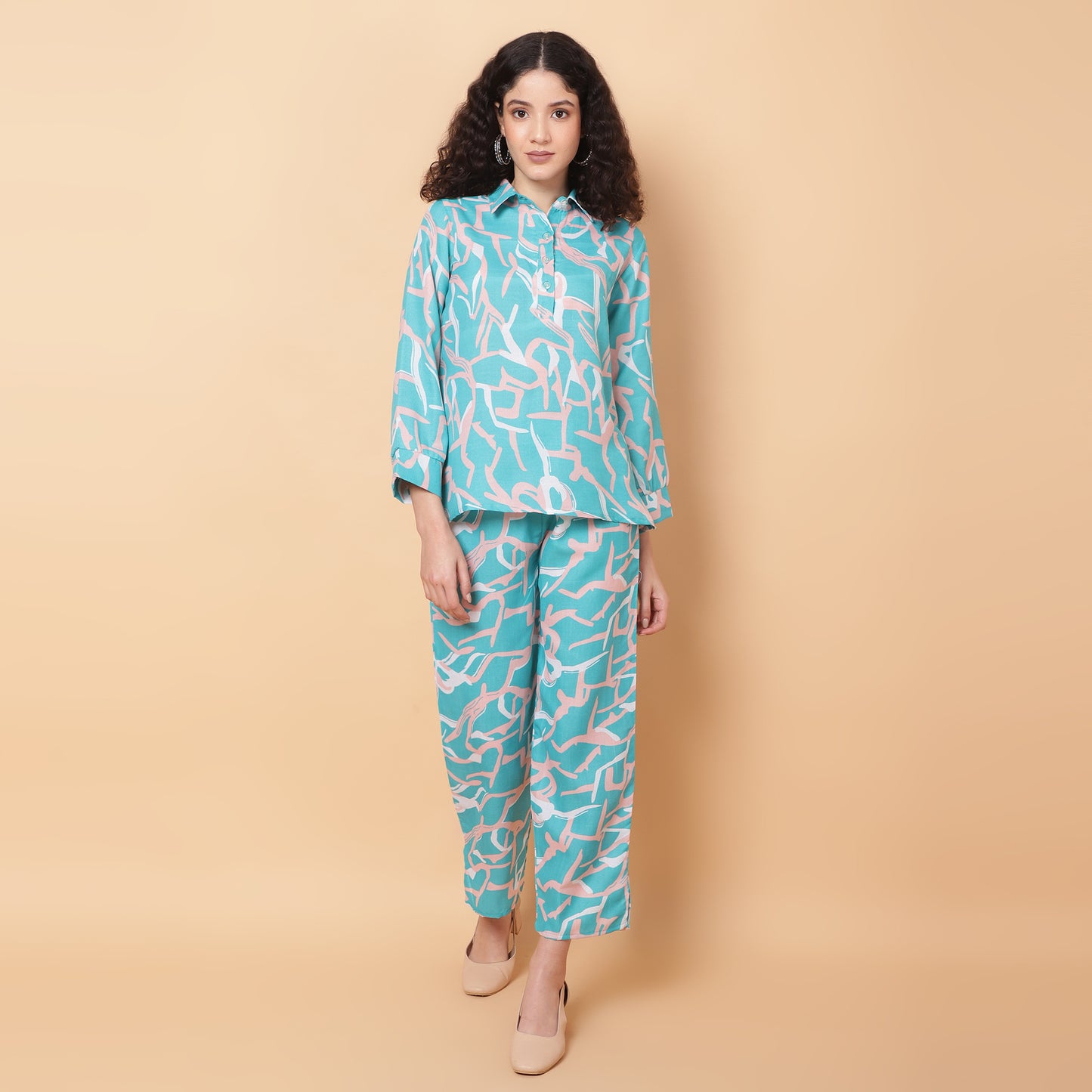 Women Green Printed Shirt Co-Ords