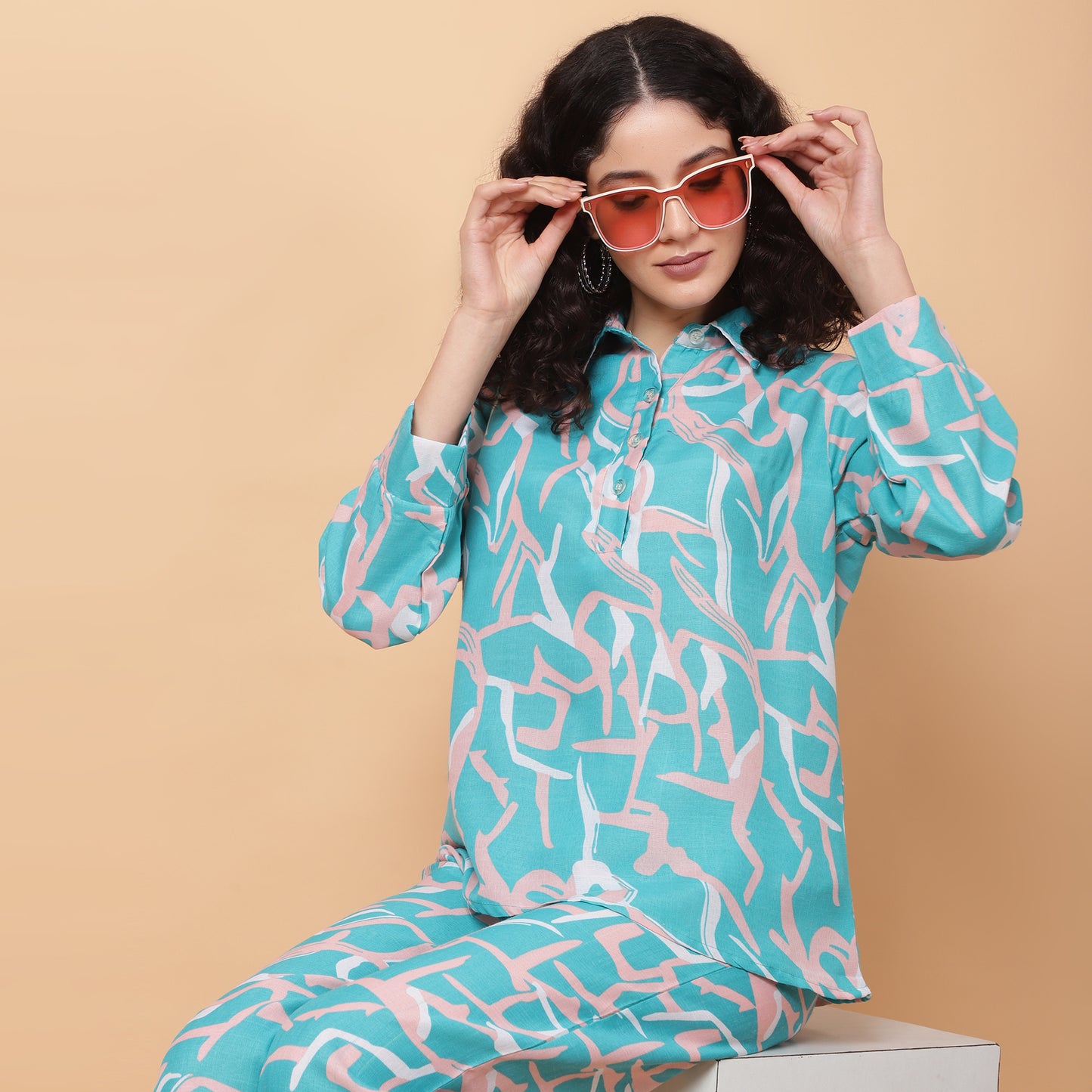 Women Green Printed Shirt Co-Ords