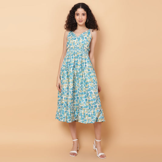 Women Green Printed Flared Dress