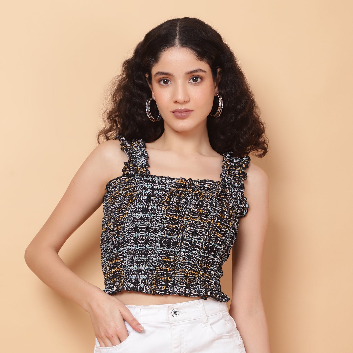 Women Multicolor Geometric Smocked Sleeveless Top