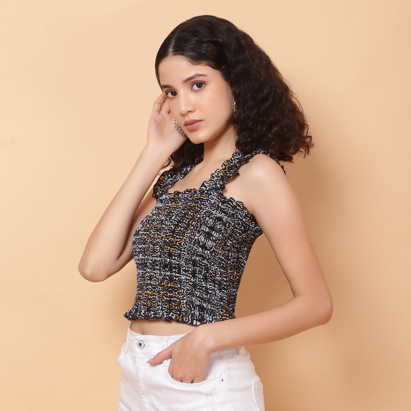 Women Multicolor Geometric Smocked Sleeveless Top