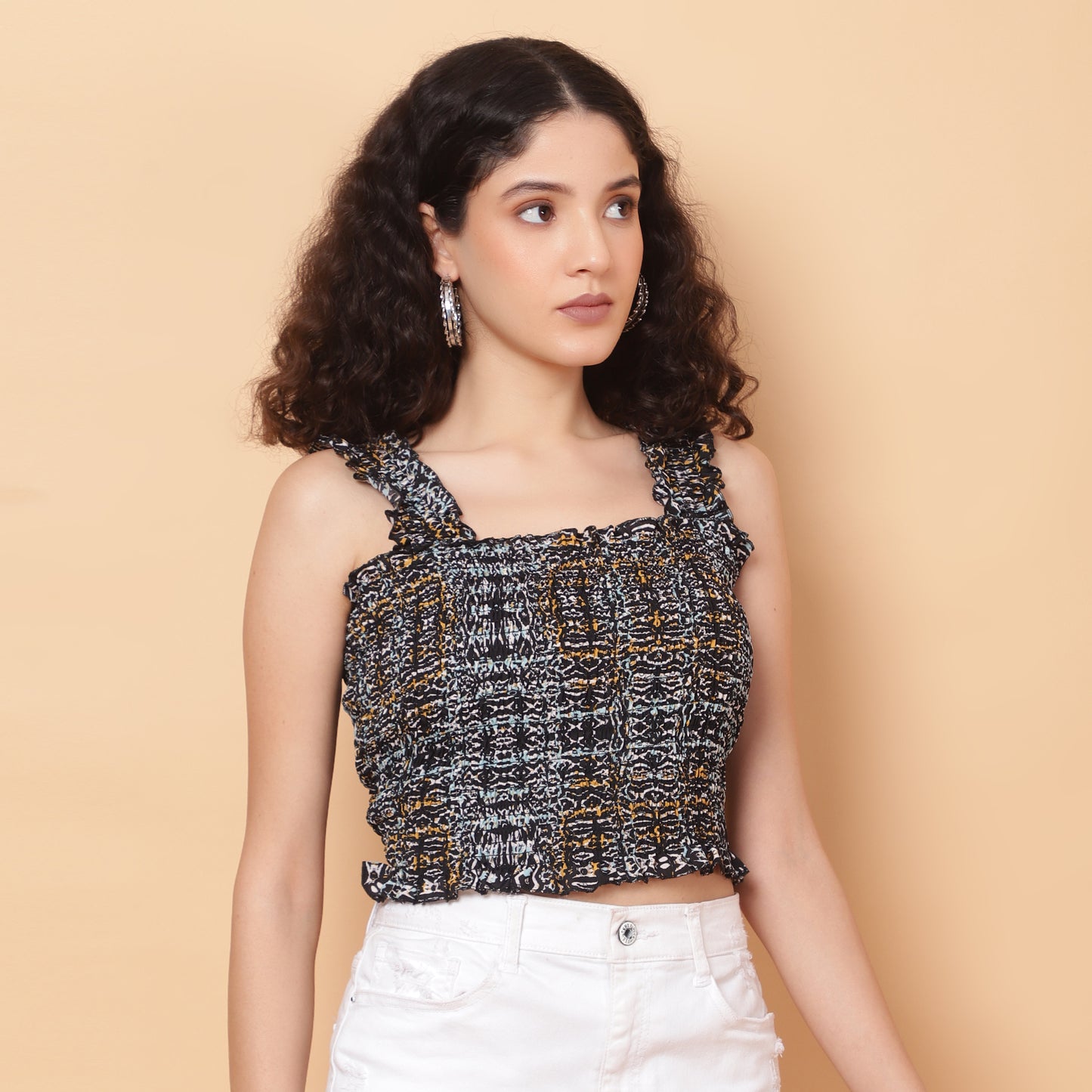 Women Multicolor Geometric Smocked Sleeveless Top