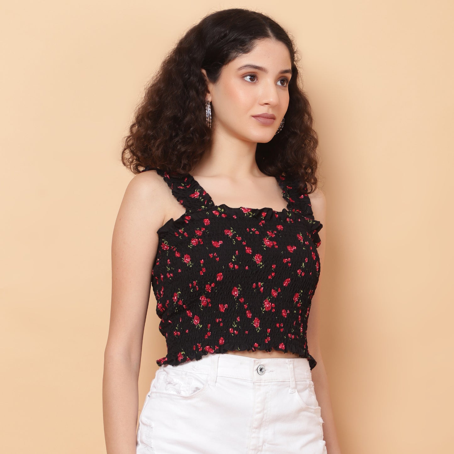 Women Black Floral Smocked Sleeveless Top
