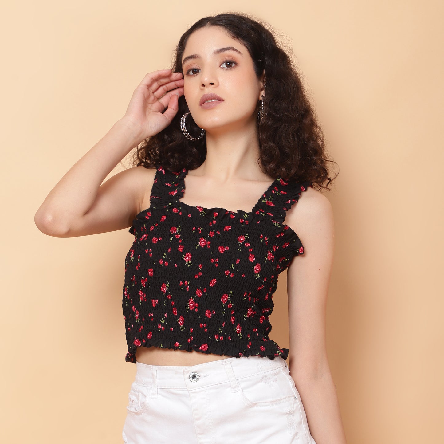 Women Black Floral Smocked Sleeveless Top