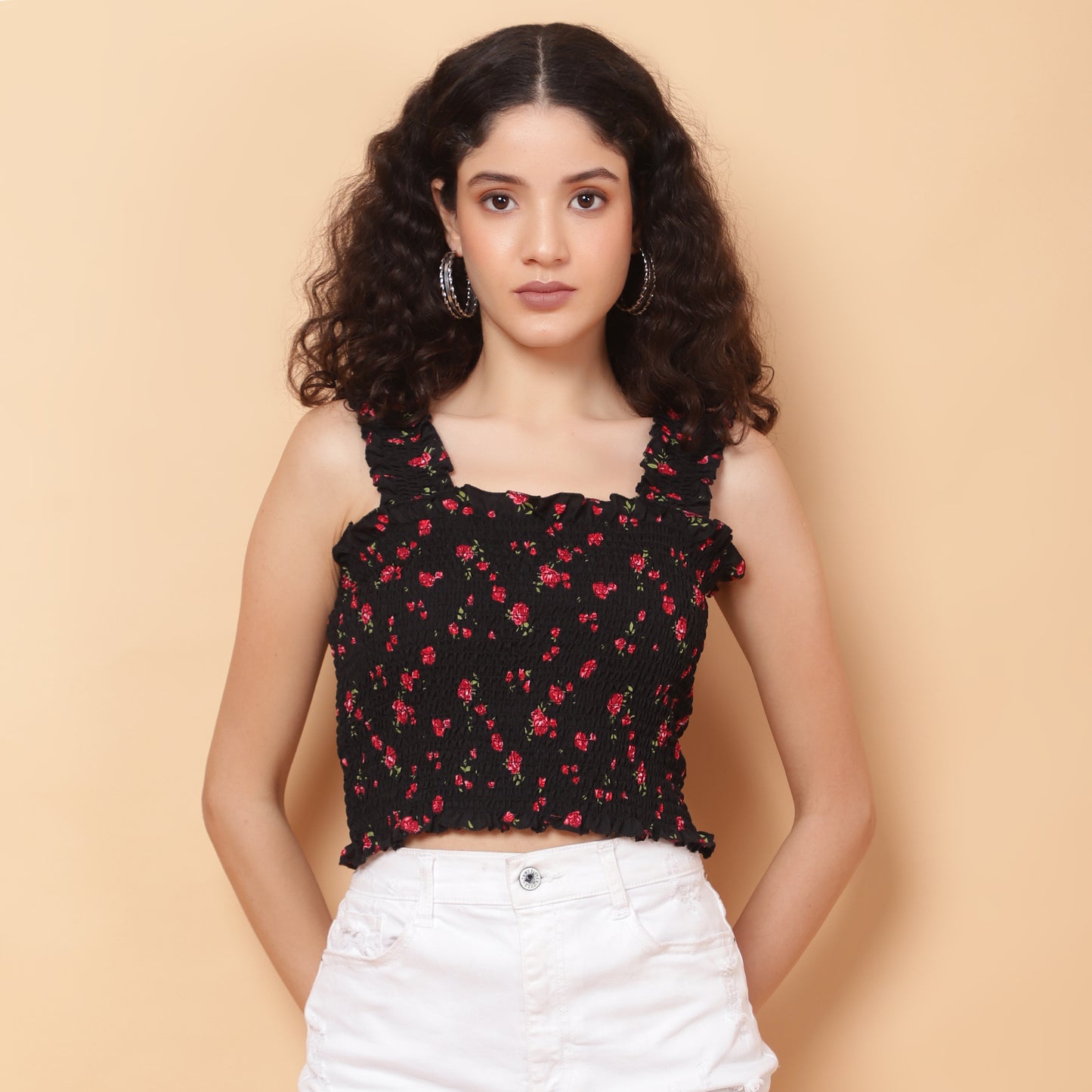 Women Black Floral Smocked Sleeveless Top