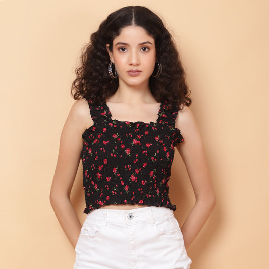 Women Black Floral Smocked Sleeveless Top