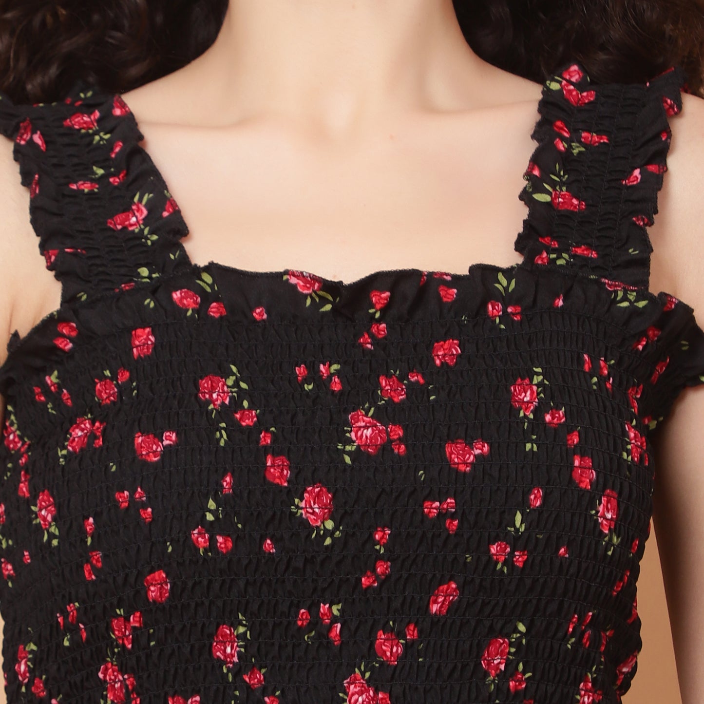 Women Black Floral Smocked Sleeveless Top