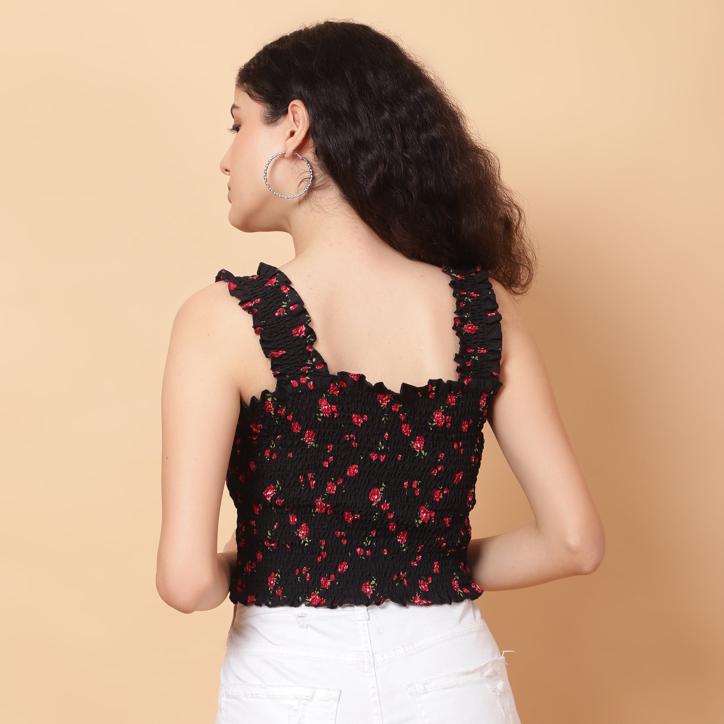 Women Black Floral Smocked Sleeveless Top
