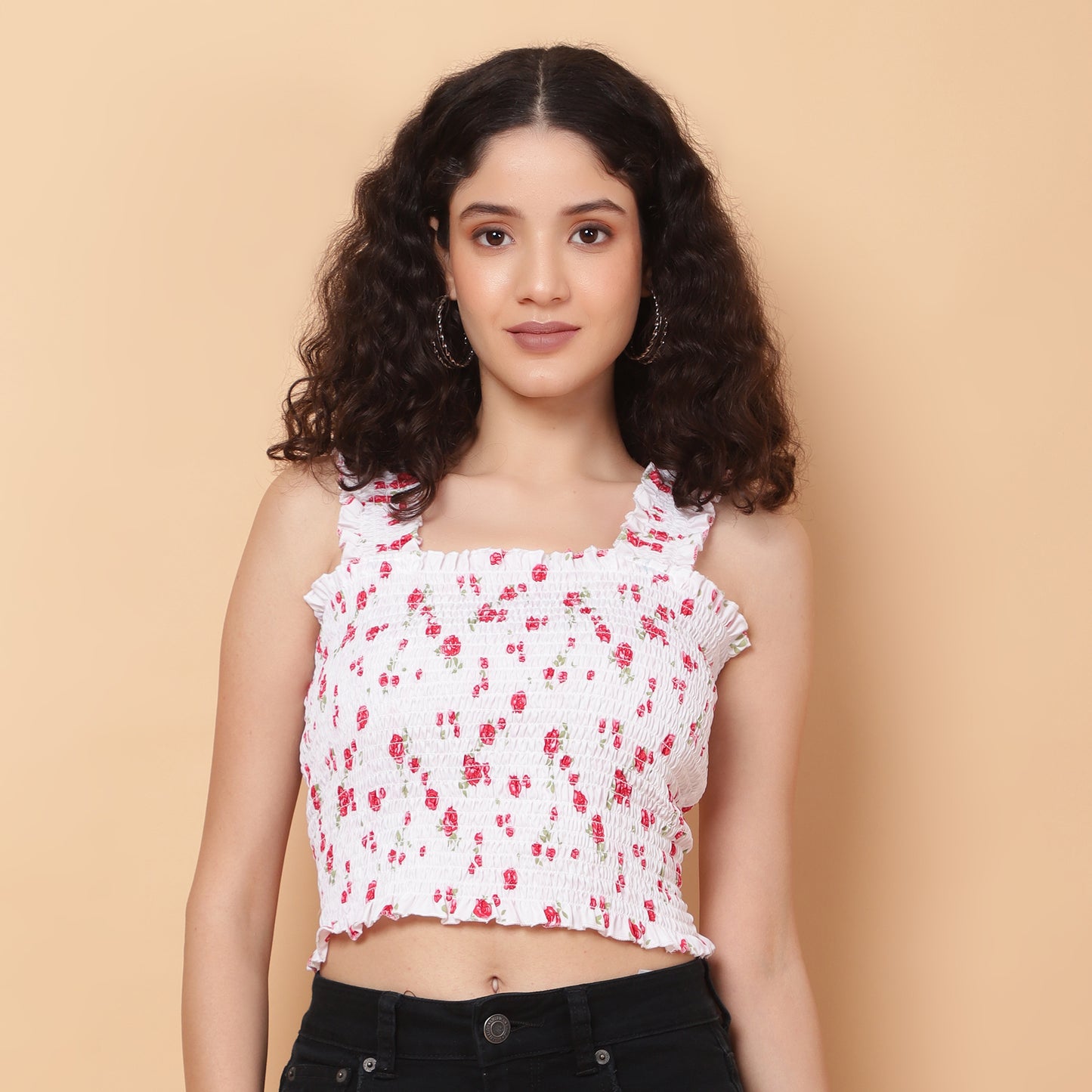 Women White Floral Smocked Sleeveless Top