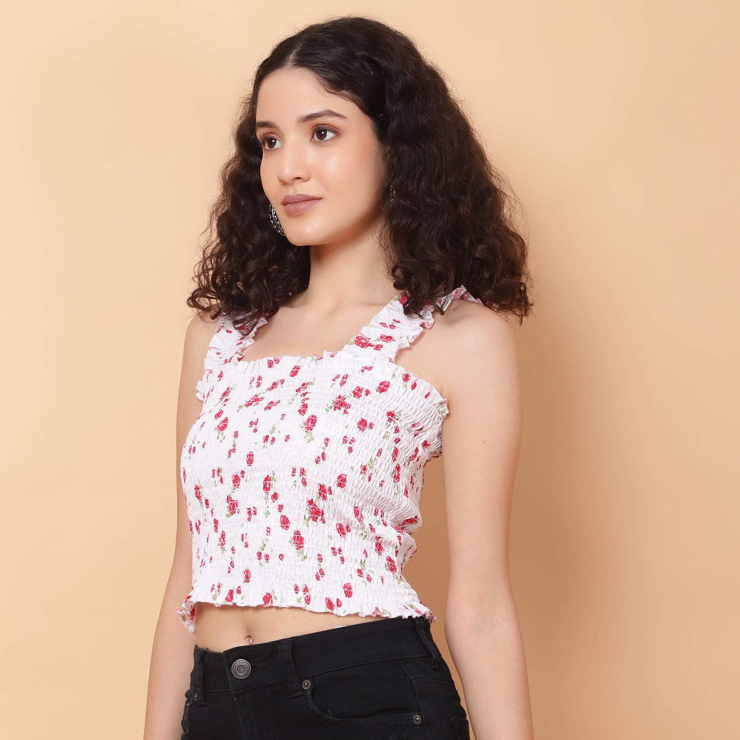 Women White Floral Smocked Sleeveless Top