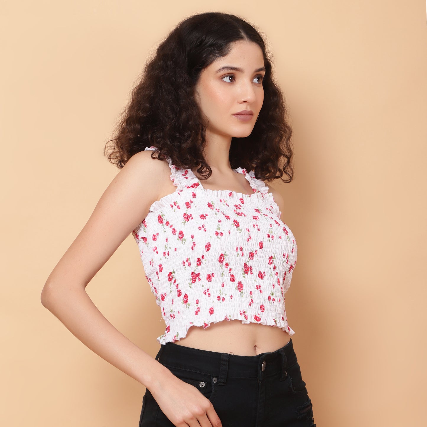 Women White Floral Smocked Sleeveless Top