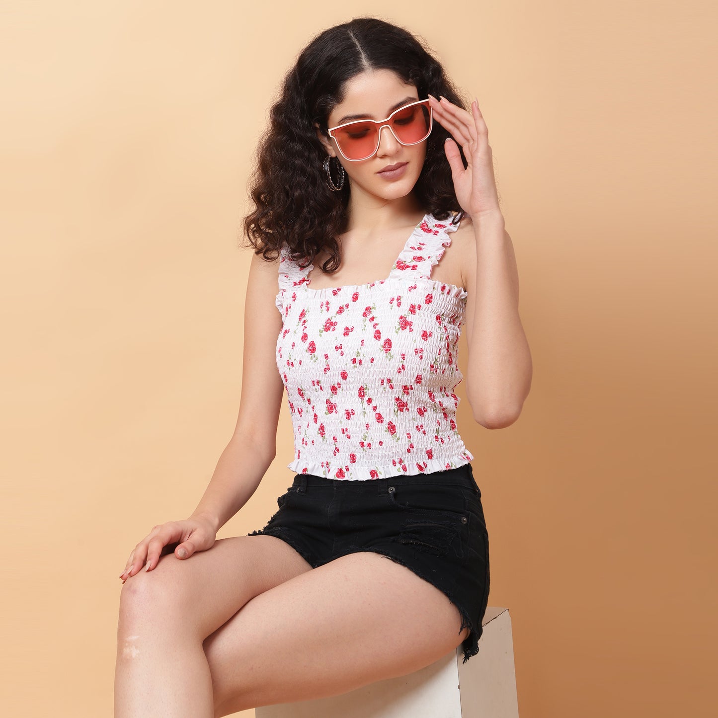 Women White Floral Smocked Sleeveless Top
