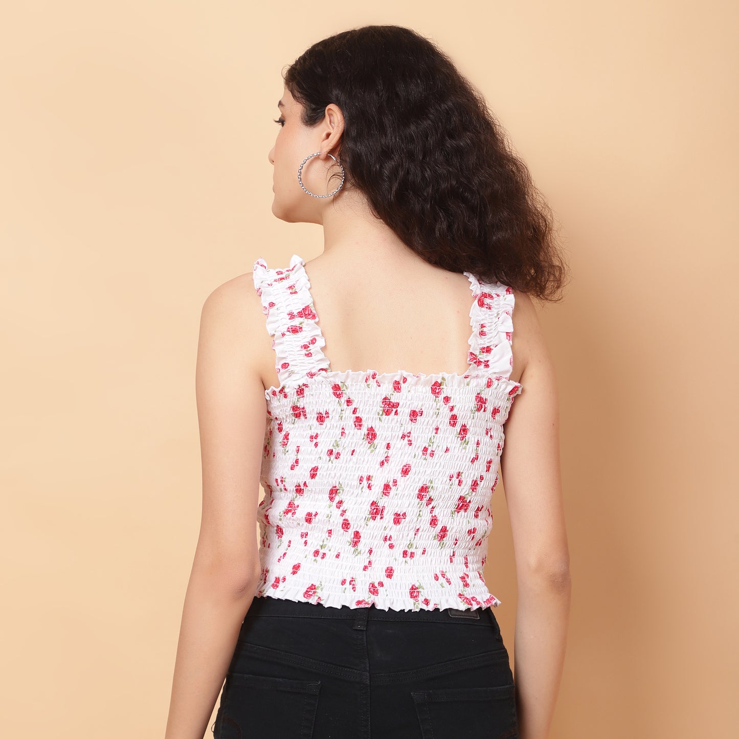 Women White Floral Smocked Sleeveless Top