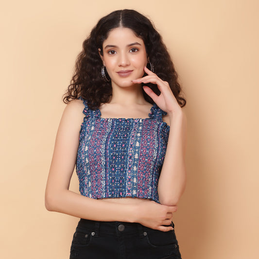 Women Blue Floral Smocked Sleeveless Top