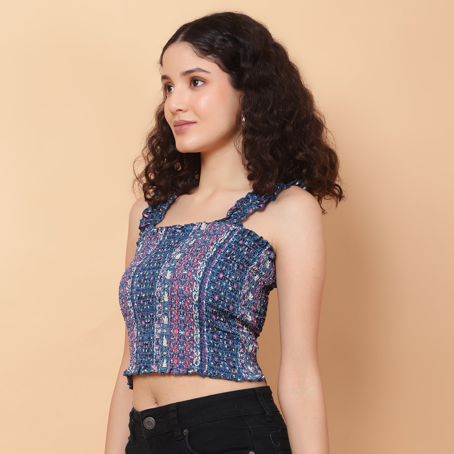 Women Blue Floral Smocked Sleeveless Top