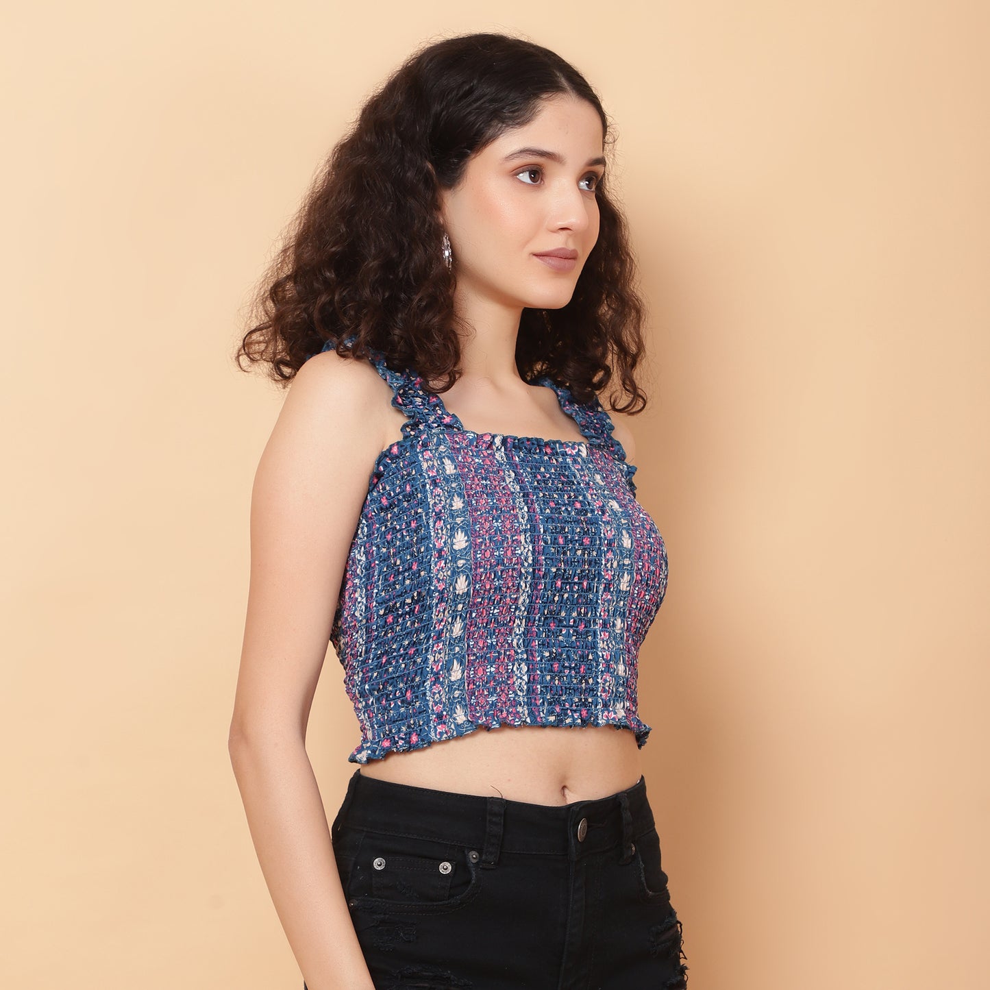 Women Blue Floral Smocked Sleeveless Top