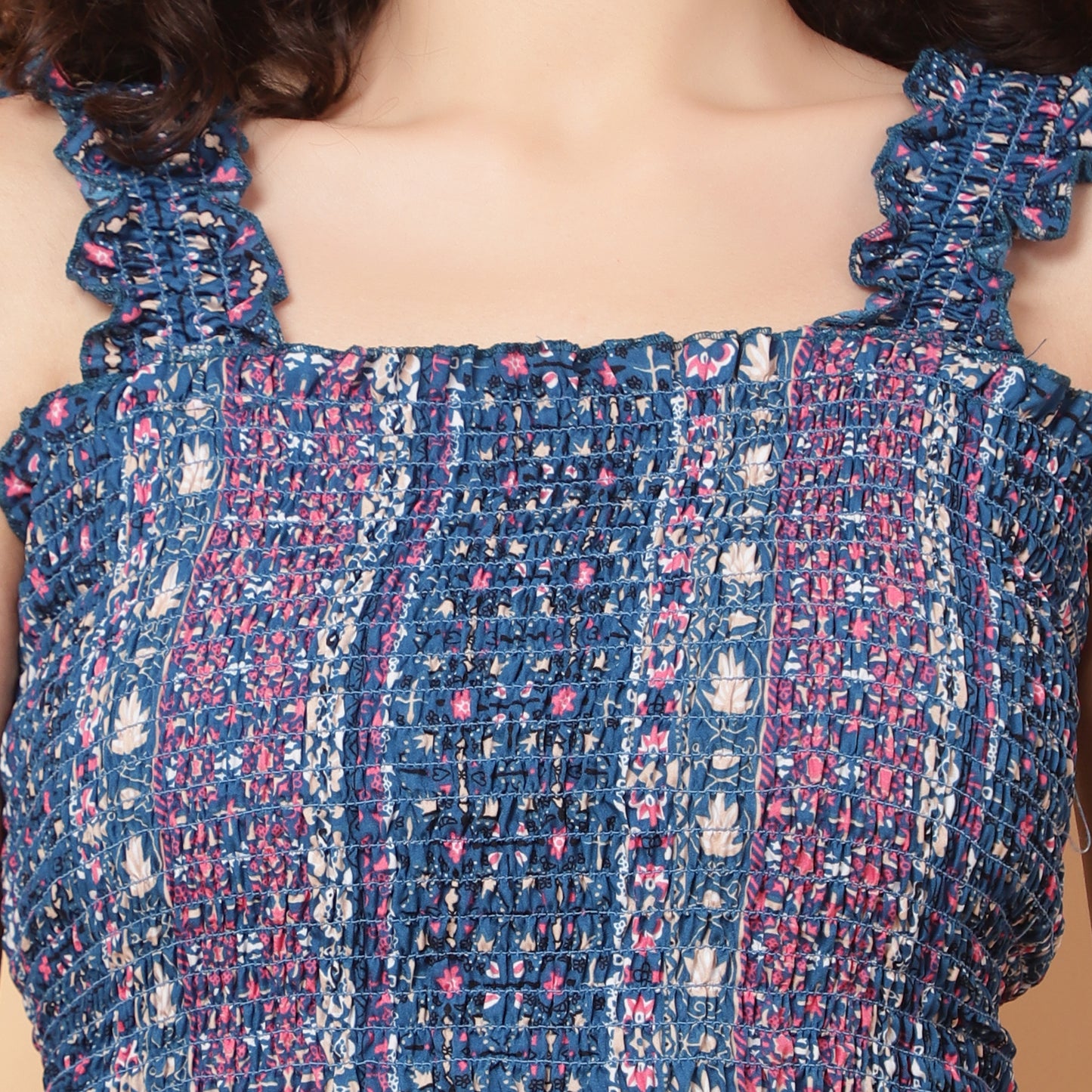 Women Blue Floral Smocked Sleeveless Top