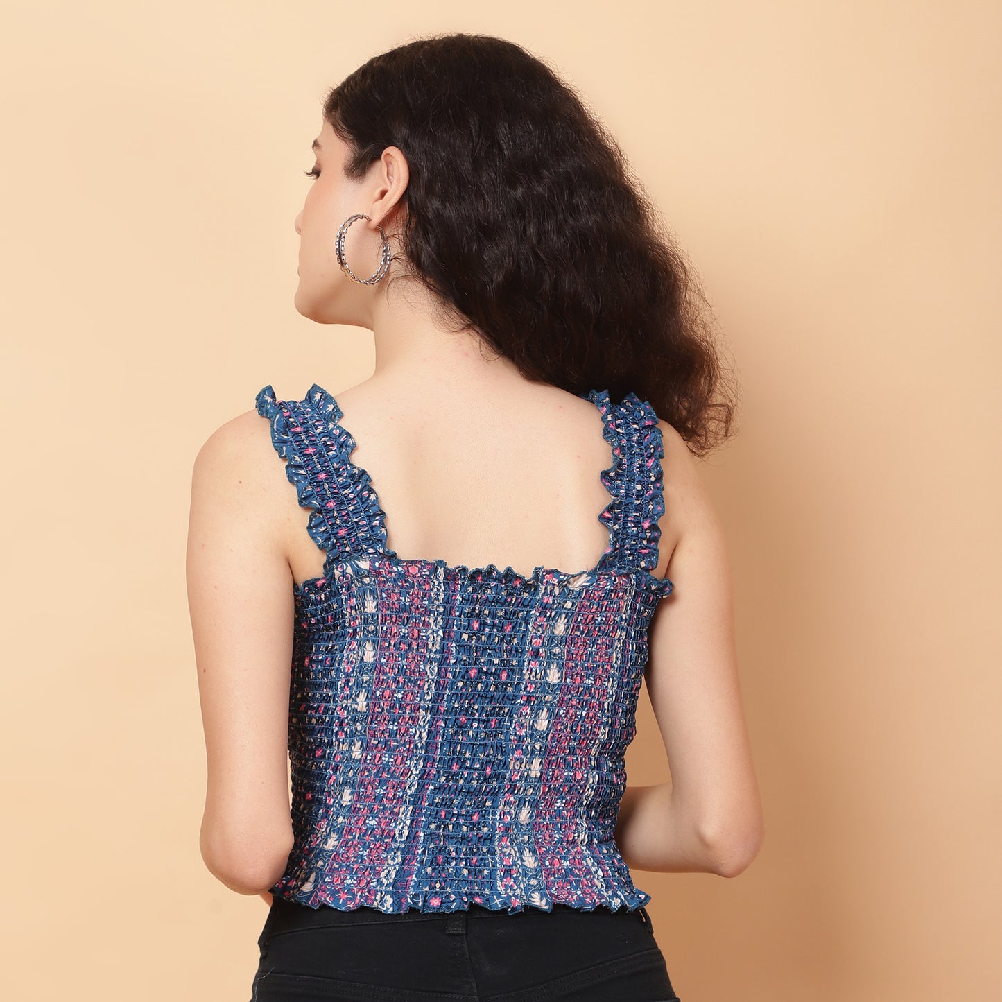 Women Blue Floral Smocked Sleeveless Top