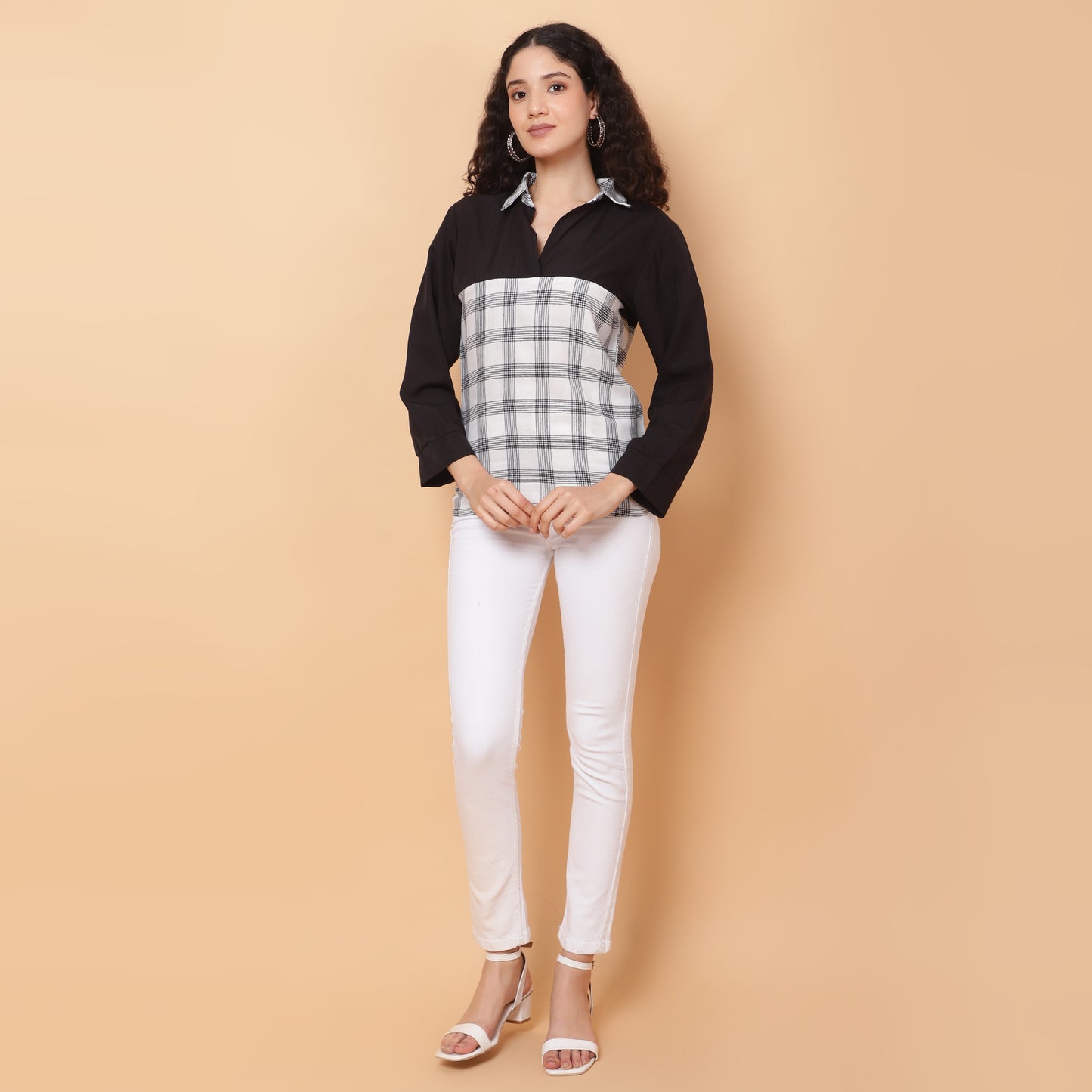 Women Check White & Black Casual Collar Shirt