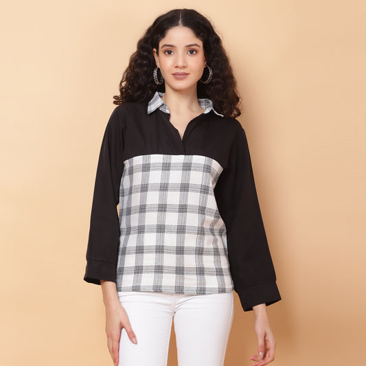 Women Check White & Black Casual Collar Shirt