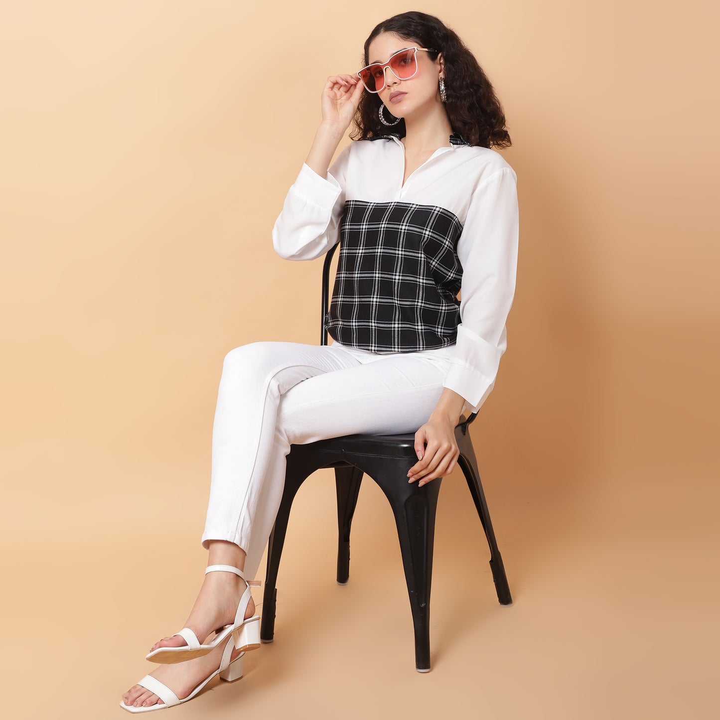 Women Check Black & White Casual Collar Shirt