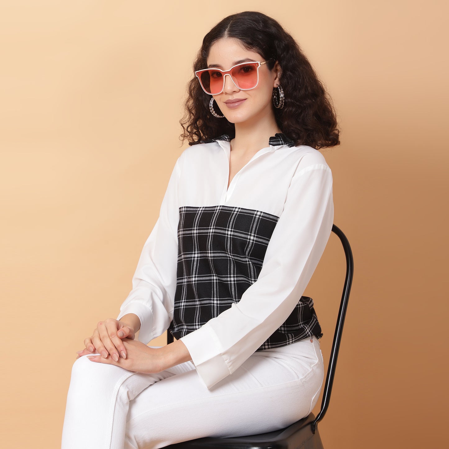 Women Check Black & White Casual Collar Shirt