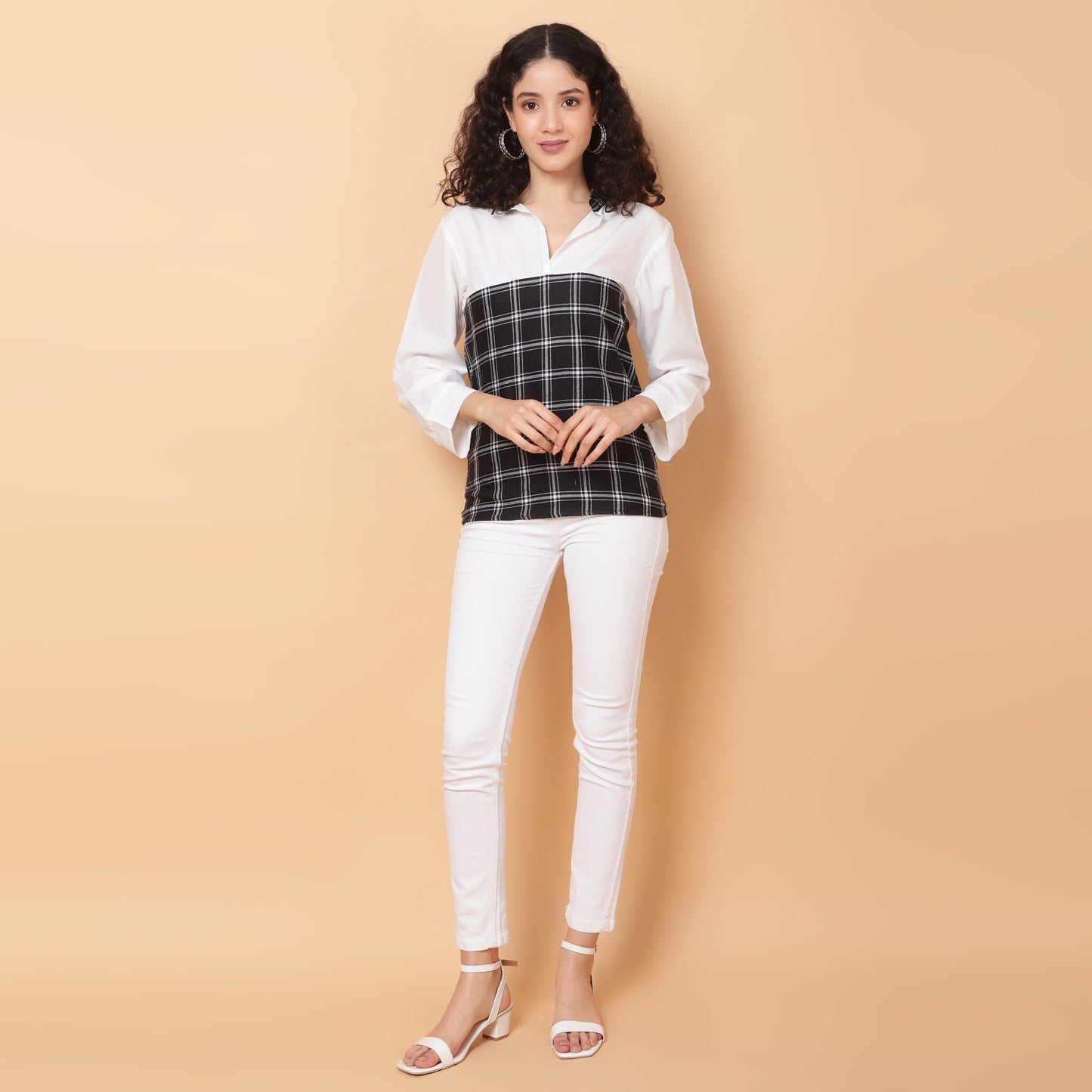 Women Check Black & White Casual Collar Shirt