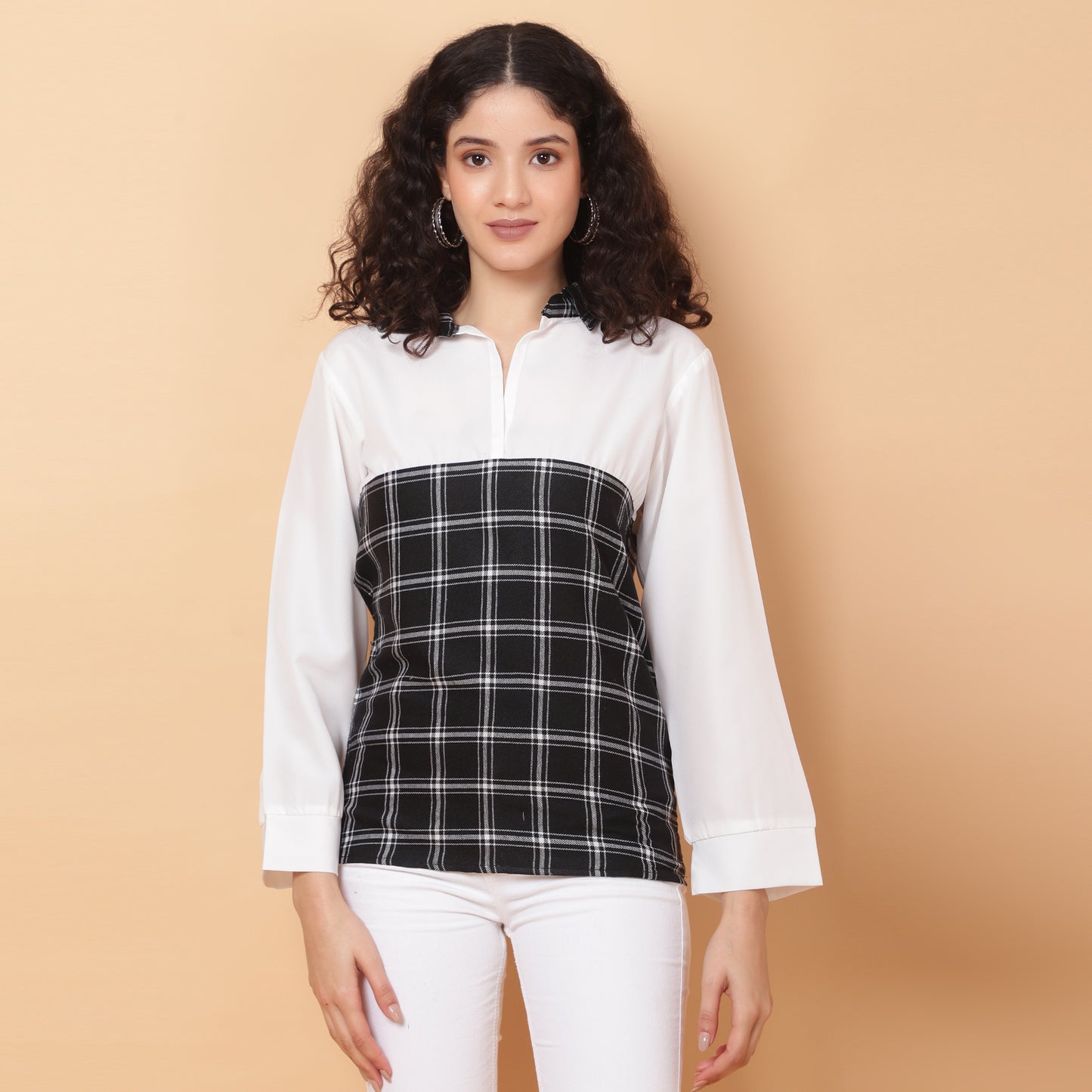Women Check Black & White Casual Collar Shirt