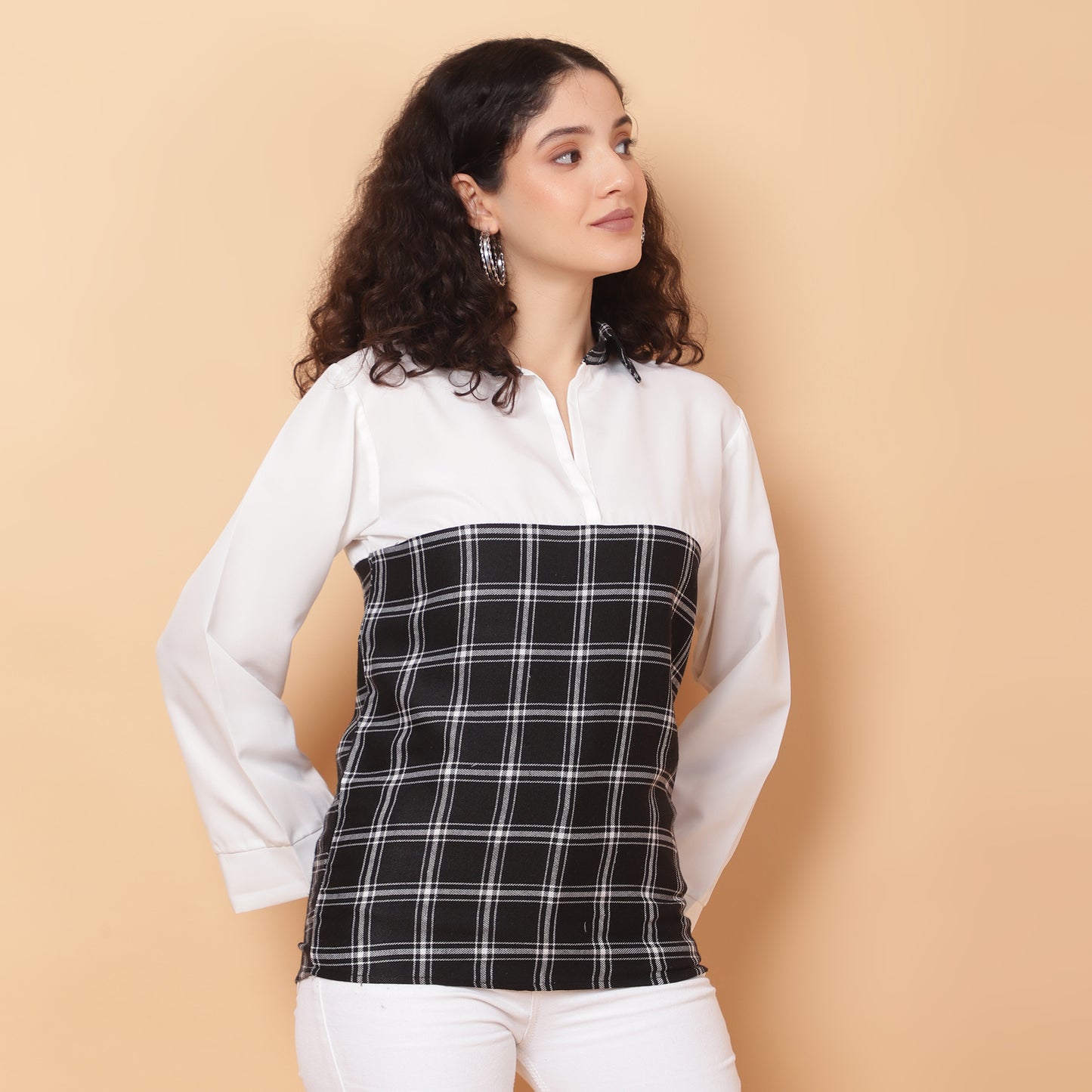 Women Check Black & White Casual Collar Shirt