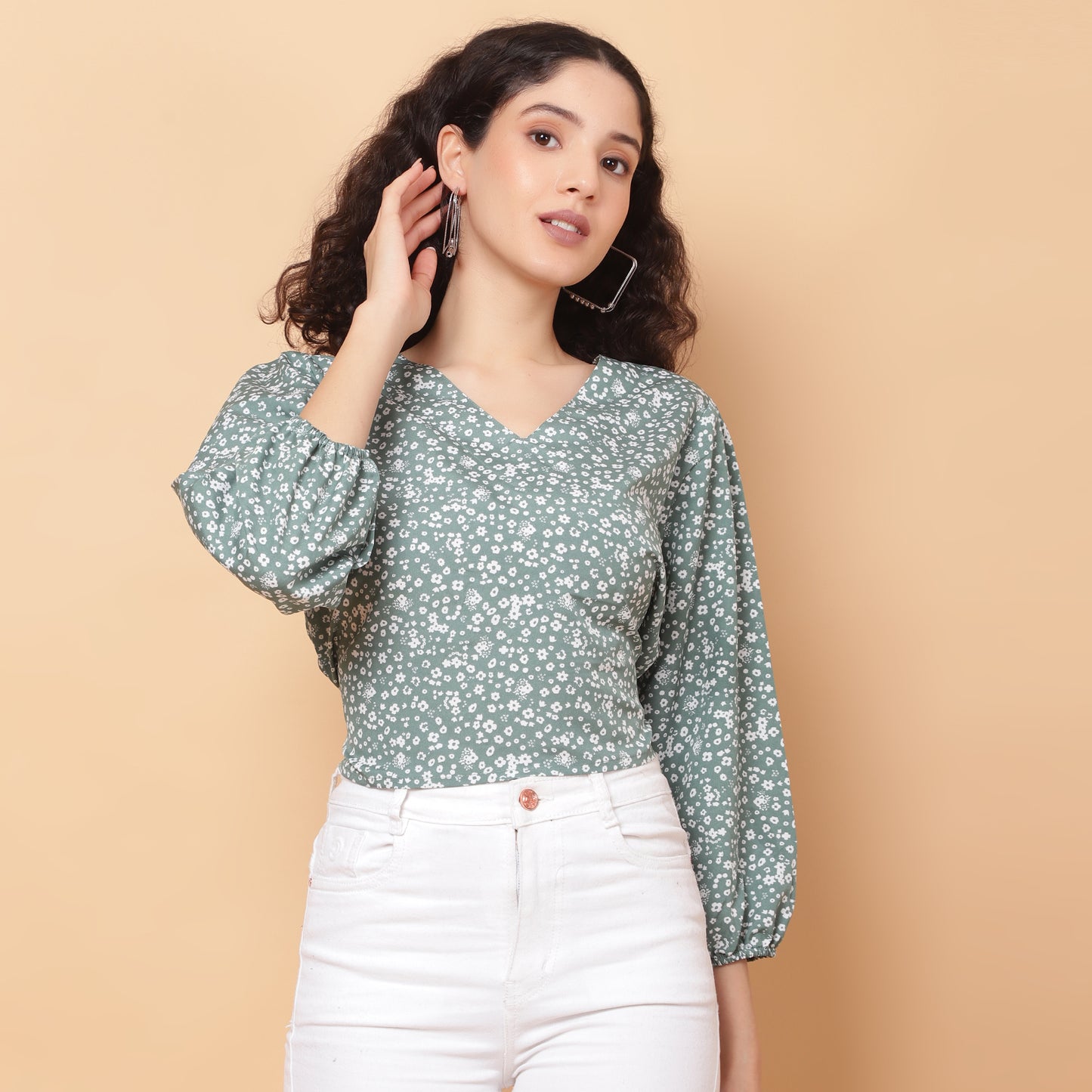 Women Green V-Neck Crop Top