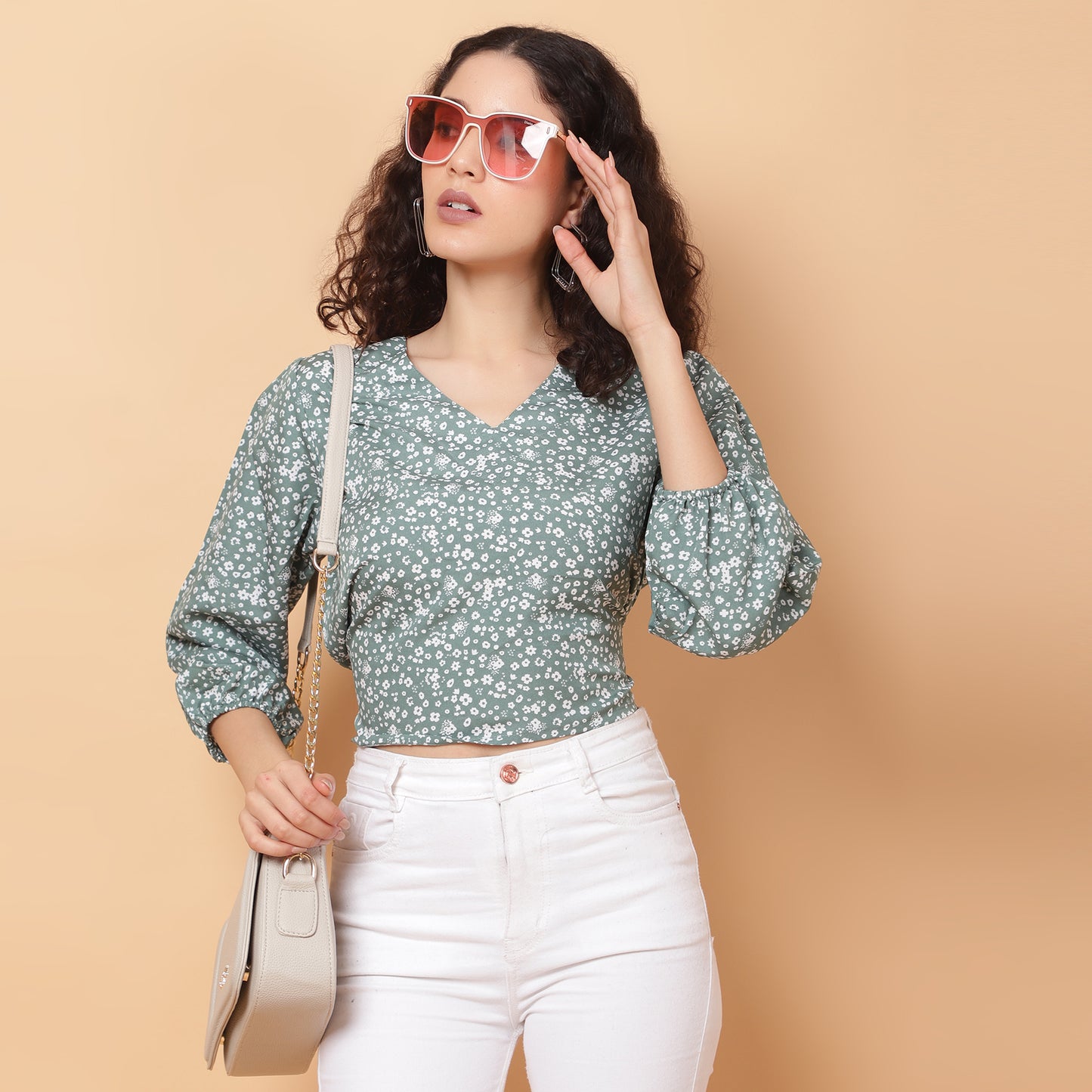 Women Green V-Neck Crop Top